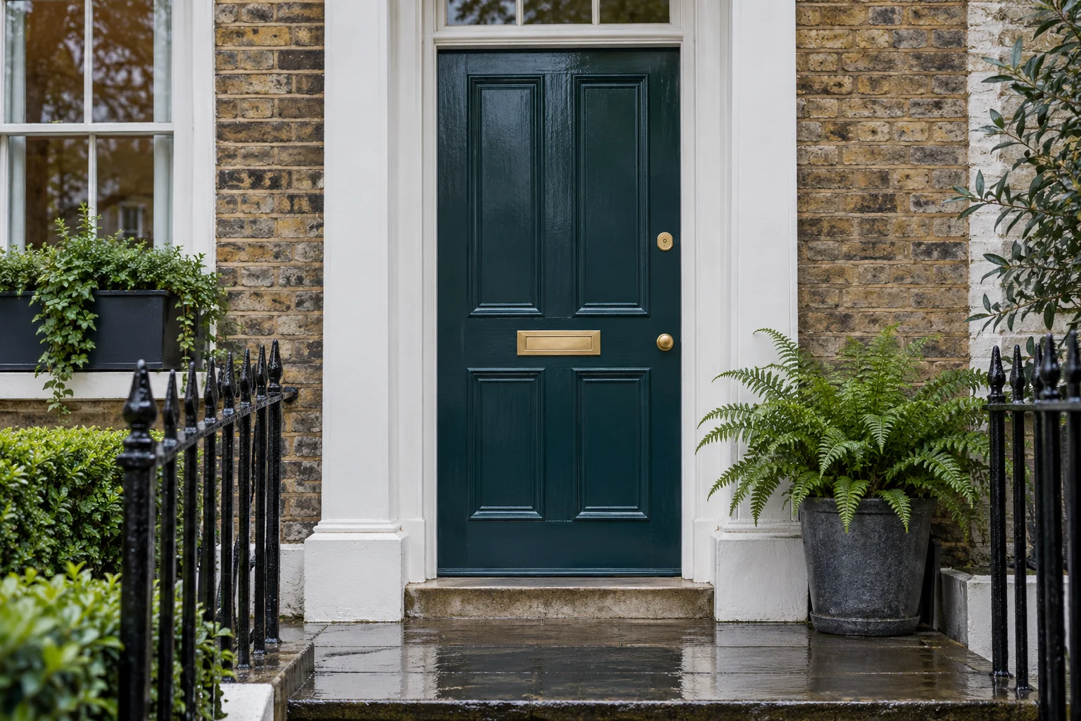 Dark teal London front door with brass letterbox and potted plants