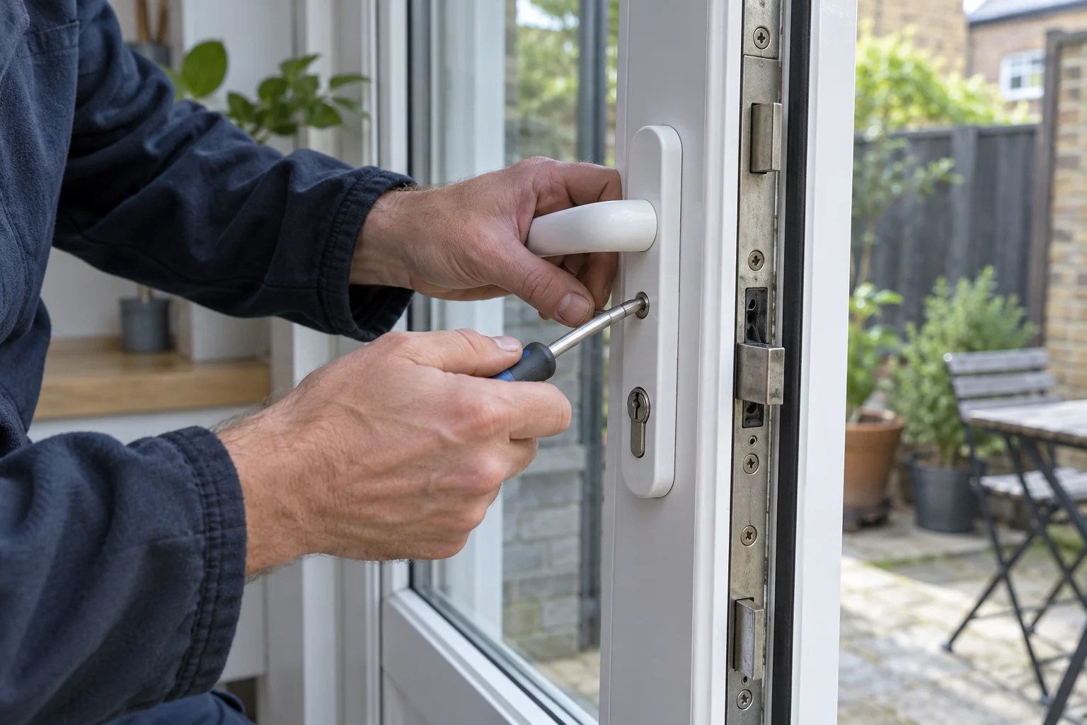 Hands repairing the handle on a white uPVC back door